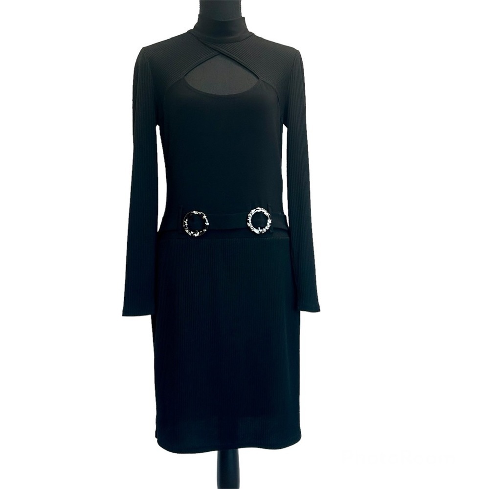 Joseph Ribkoff Black Ribbed Knit Long Sleeve Peep Hole Keyhole Dress Sz 8